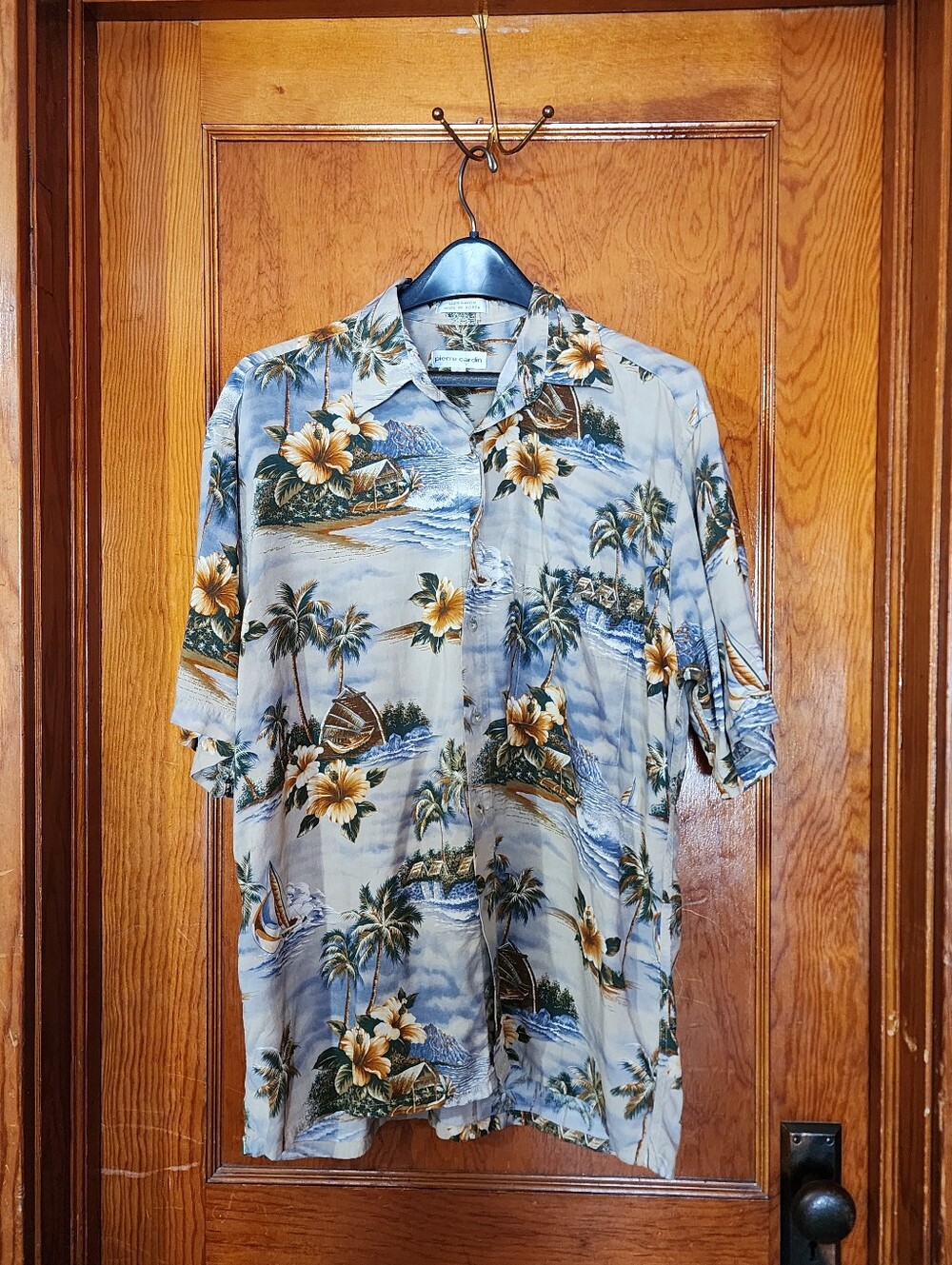Pierre Cardin Vintage Hawaiian Shirt Men Large L Rayon Tropical Palm Tree